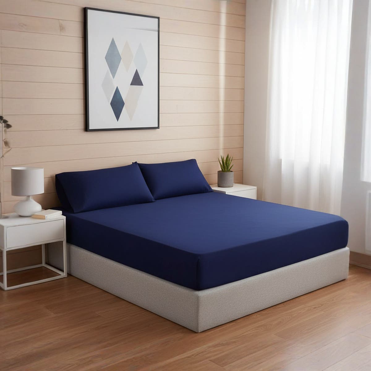 Luxury Navy Blue Fitted Bed Sheet Set size 180 cm *200 cm *30cm – 3 Pieces (1 Elastic Bed Sheet + 2 Pillowcases), Soft Breathable Fabric, Wrinkle-Free, Elegant Design for Bed