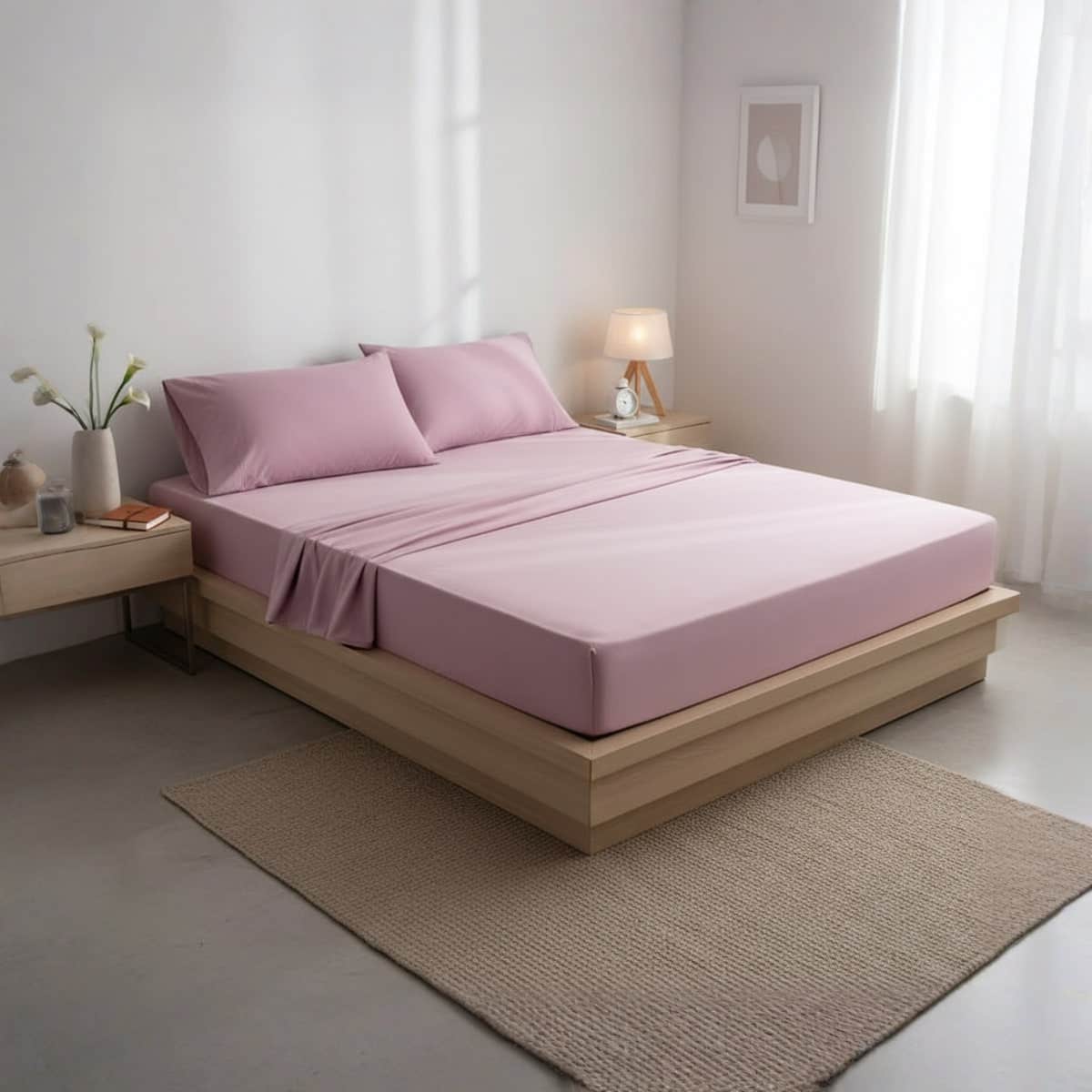Luxury 3-Piece Bed Sheet Set, Pink, Elastic Fitted Sheet with 2 Pillowcases, 180x200x30 cm, Soft Breathable Fabric, Wrinkle-Free