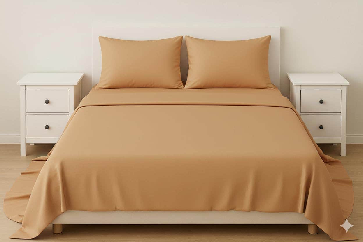 Cotton Single Bed Sheet Set, Camel, 3 Pcs, Flat Sheet 120cm with 2 Pillow Cases 50x70cm, Soft and Breathable