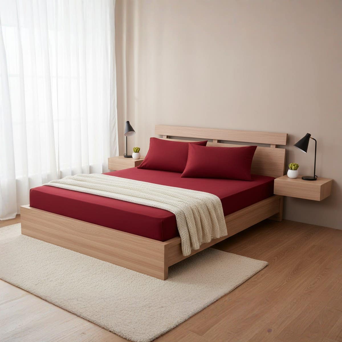 Cotton Fitted Sheet Set, Red, 120x200x30 cm, Fade Resistant, 3 Pcs Hotel Quality Bed Sheet Luxury Fitted Sheet Everyday Use Bed Sheet Home Bedding