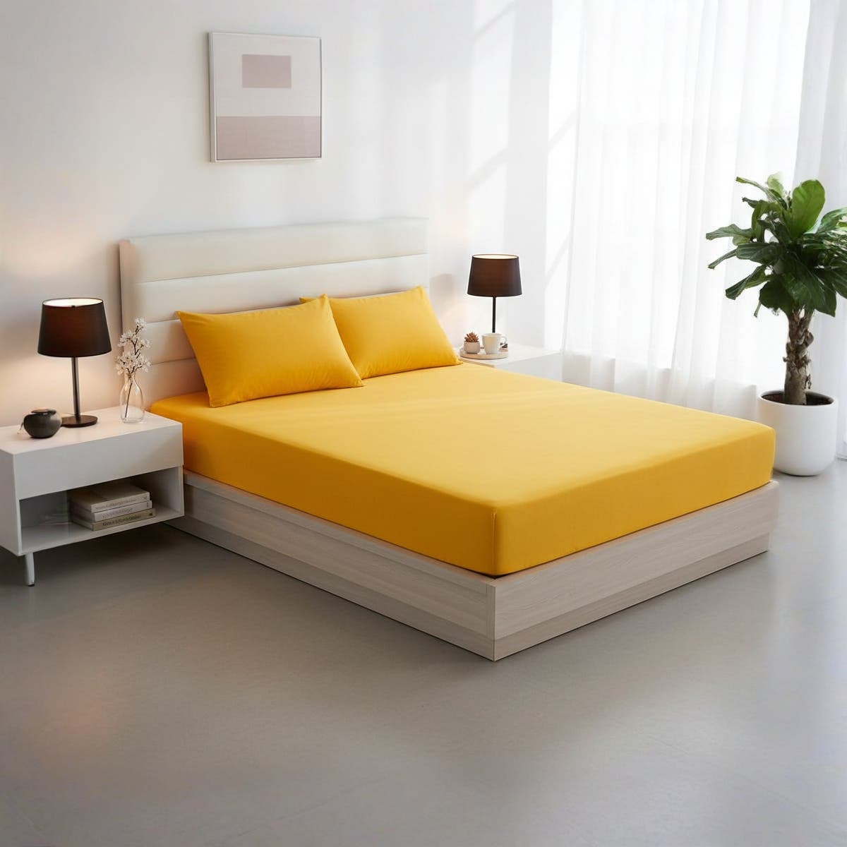 Luxury Fitted Bed Sheet with Elastic, 100% Cotton, Yellow, 120 cm Size, 30 cm Depth, 3 Piece Set with 2 Pillowcases 50x70 cm