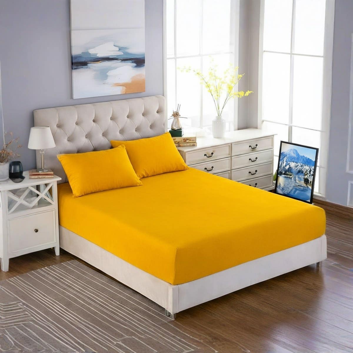 Luxury Fitted Bed Sheet with Elastic, 100% Cotton, Yellow, 160 cm Size, 30 cm Depth, 3 Piece Set with 2 Pillowcases 50x70 cm