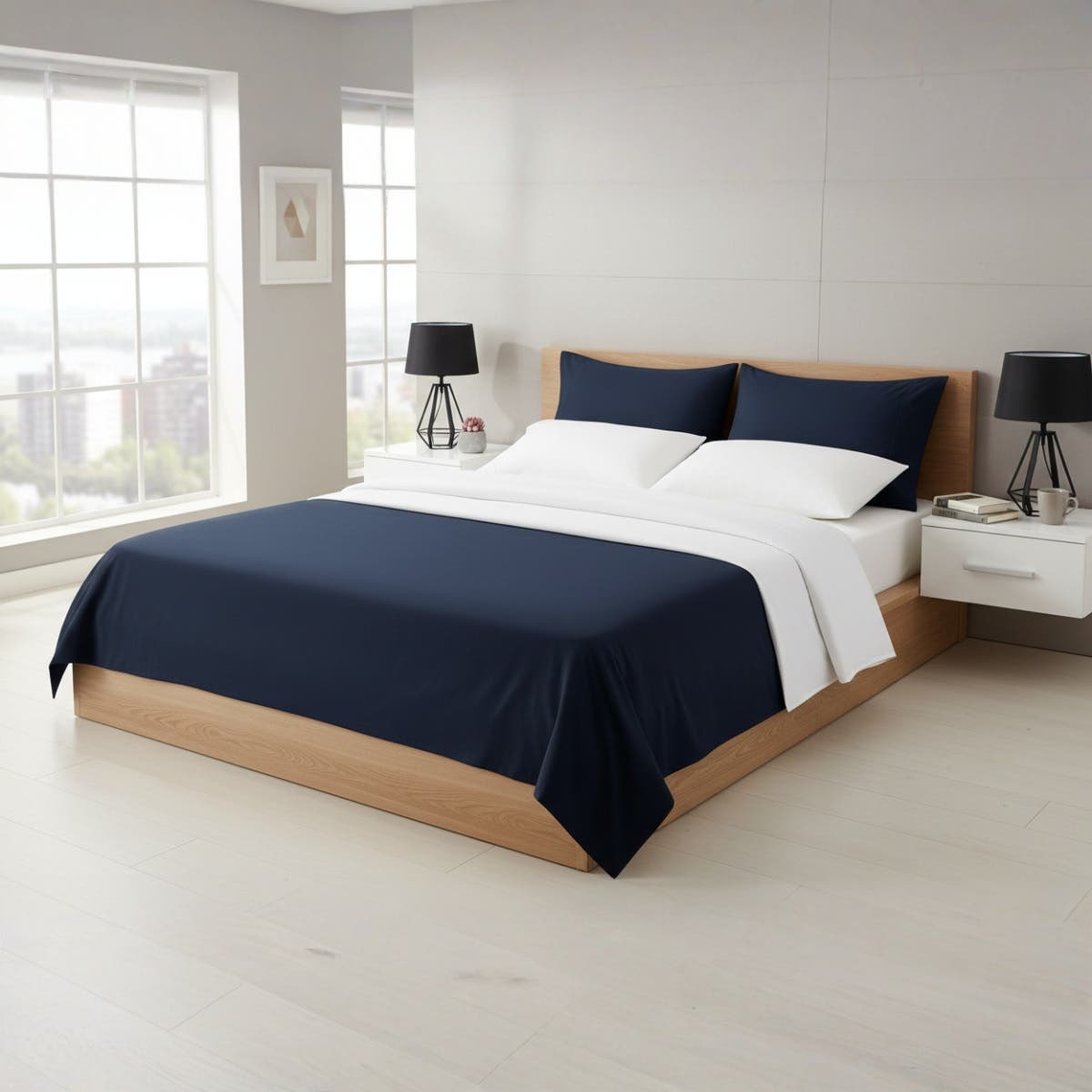 100% Natural Cotton Single Bed Sheet Set, Navy Blue, 3 Pcs, Flat Sheet 120cm with 2 Pillow Cases 50x70cm, Soft and Breathable