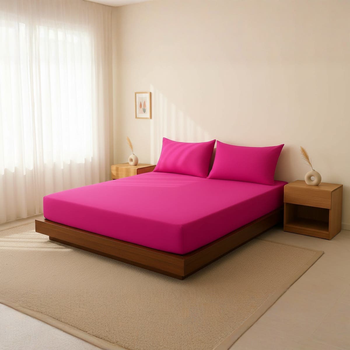 Luxury Bed Sheet Set Bright Pink 140 Bed Size – Soft and Wrinkle Resistant Cotton Material – Includes 1 Fitted Sheet 140cm*200cm*30cm Height + 2 Pillow Shams – Elegant Touch to Your Bedroom