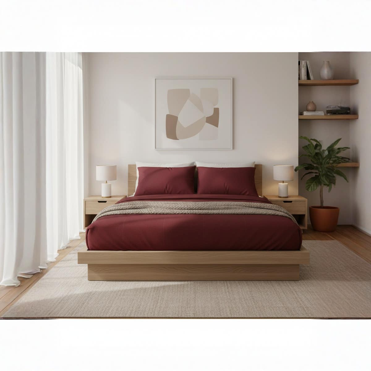 Luxury 3-Piece Burgundy Fitted Sheet Set, 160x200x30 cm, Soft Breathable Wrinkle-Free Fabric with 2 Pillowcases, Elastic Edges