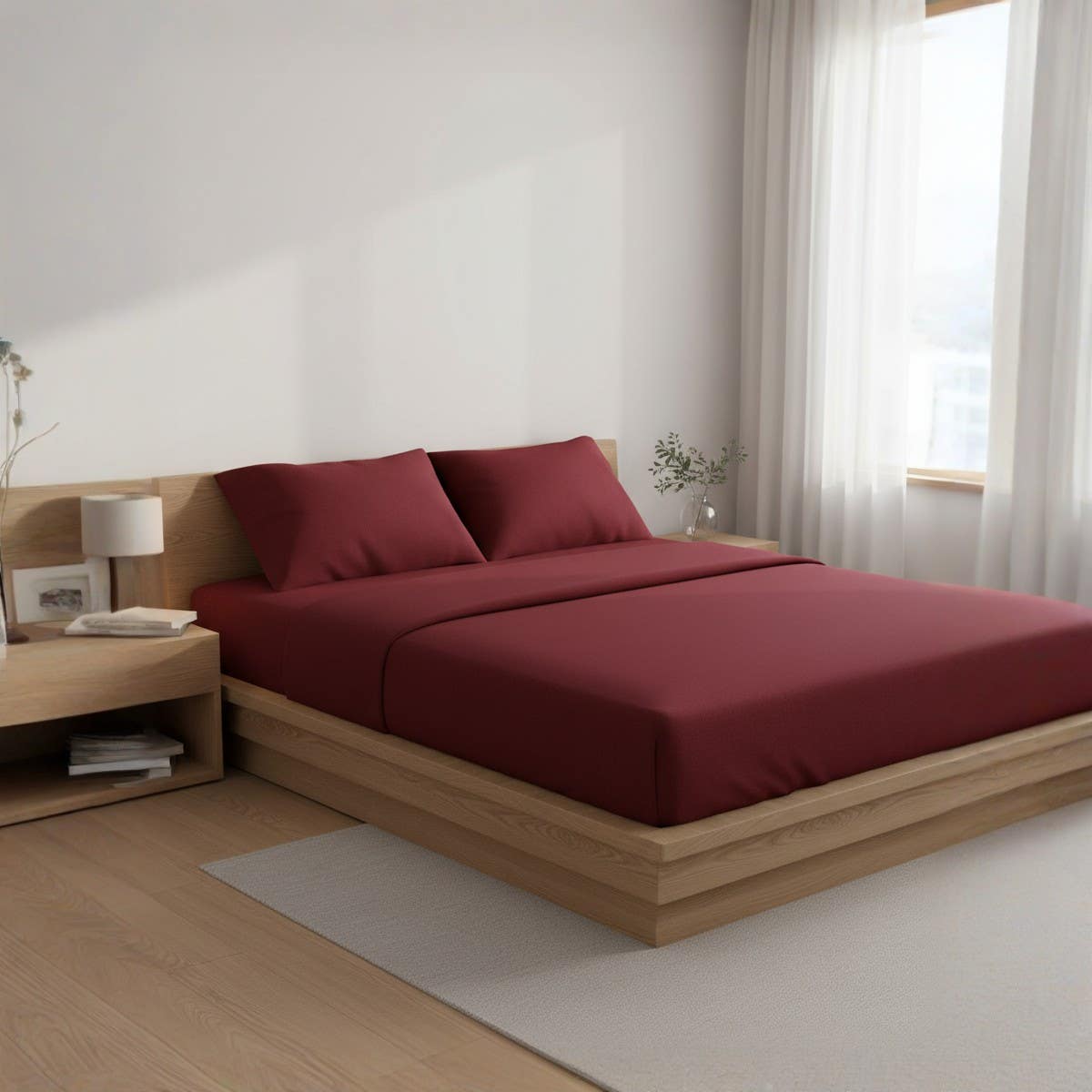 Luxury 3-Piece Burgundy Fitted Sheet Set, 120x200x30 cm, Soft Breathable Wrinkle-Free Fabric with 2 Pillowcases, Elastic Edges