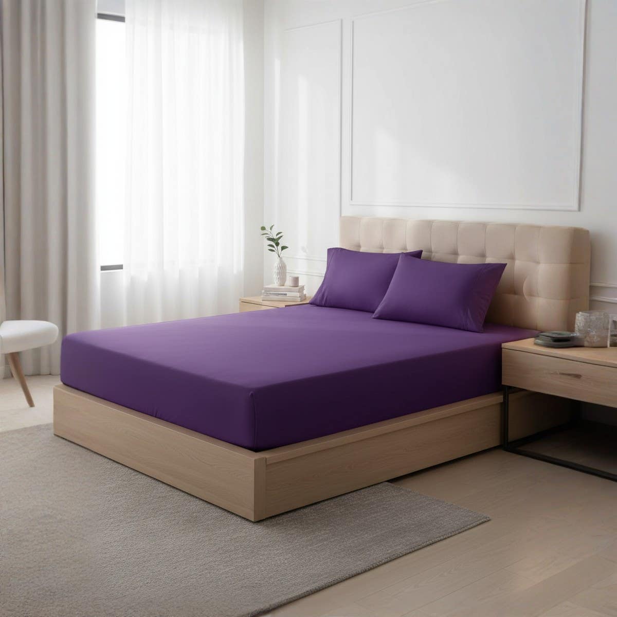 Luxury 3-Piece Fitted Bed Sheet Set, Purple, Double Bed Size 100x200x30cm, Soft Breathable Fabric with 2 Pillowcases