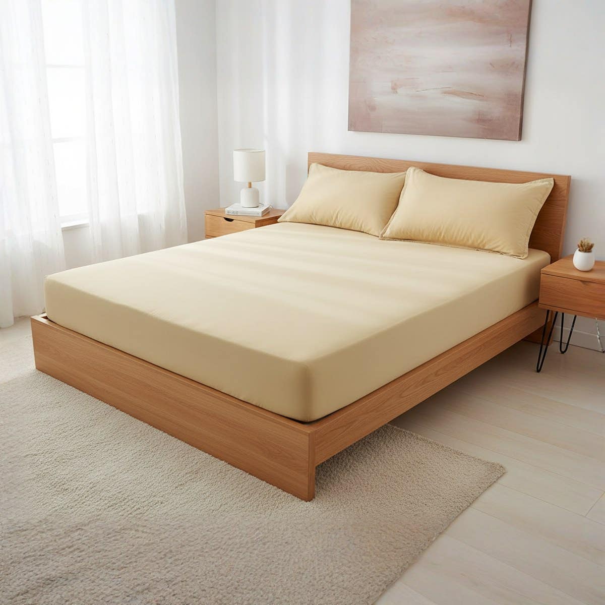 Generic Beige Cotton Fitted Sheet Set - 3 Pieces with Pillow Covers, size  140x200x30 cm