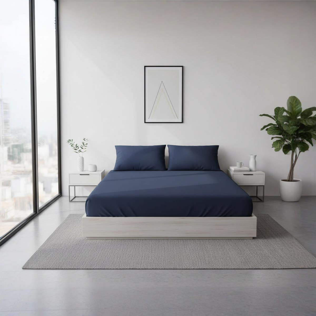 Luxury Navy Blue Fitted Bed Sheet Set size200 cm *200 cm *30cm – 3 Pieces (1 Elastic Bed Sheet + 2 Pillowcases), Soft Breathable Fabric, Wrinkle-Free, Elegant Design for Bed
