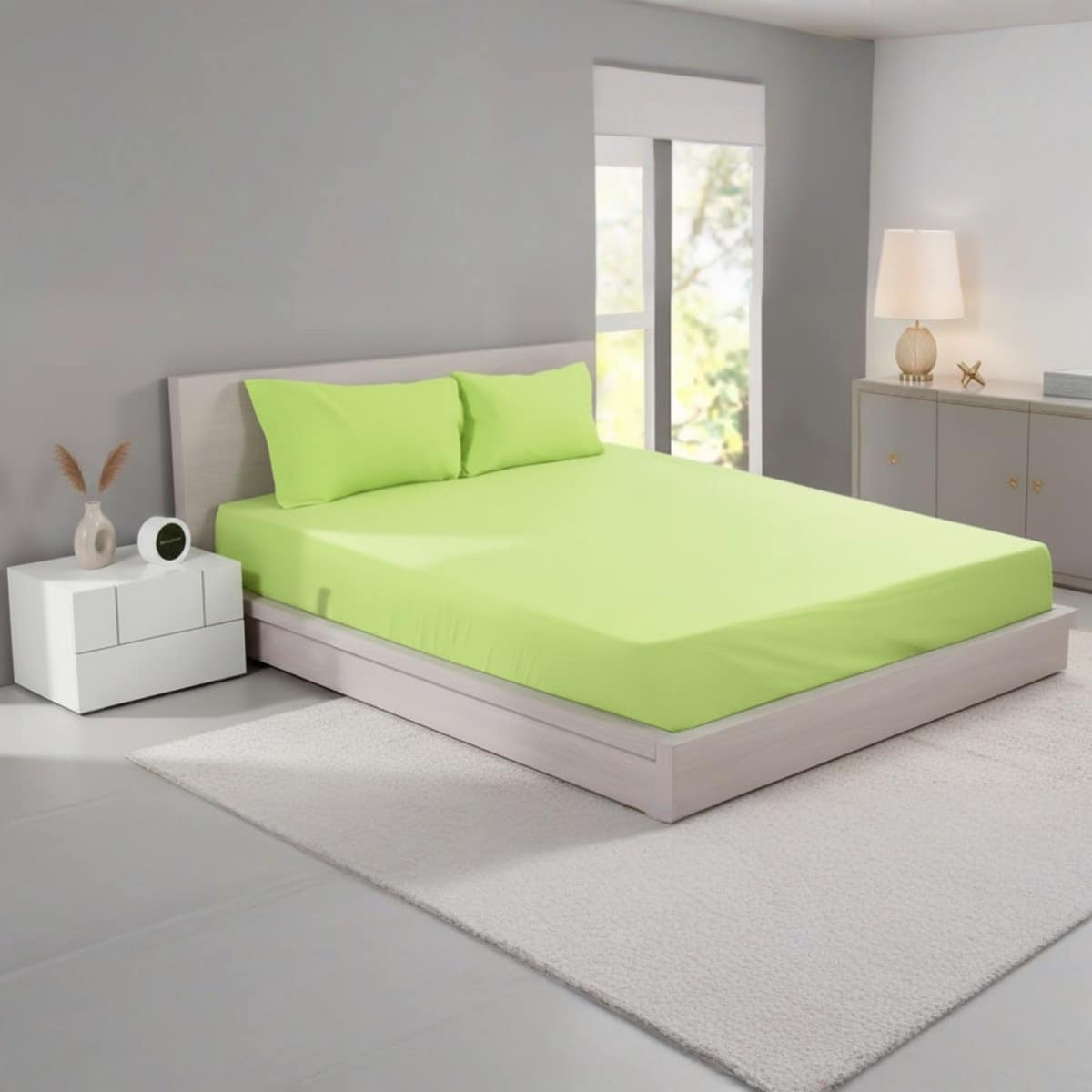 Luxurious Apple Green Cotton Bed Sheet Set - 160x200cm - Wrinkle-Resistant - 2 Pillow Cases