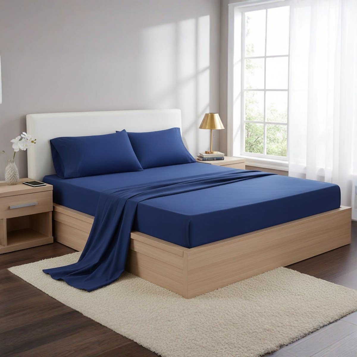 Luxury Navy Blue Fitted Bed Sheet Set - 3 Pieces,  Size160*200*30cm