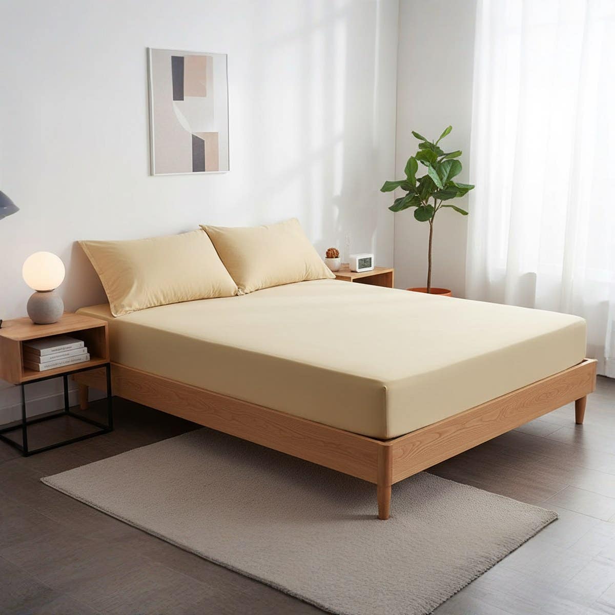 Modern Beige Cotton Fitted Sheet Set with Pillowcases -  Size 120*200*30cm