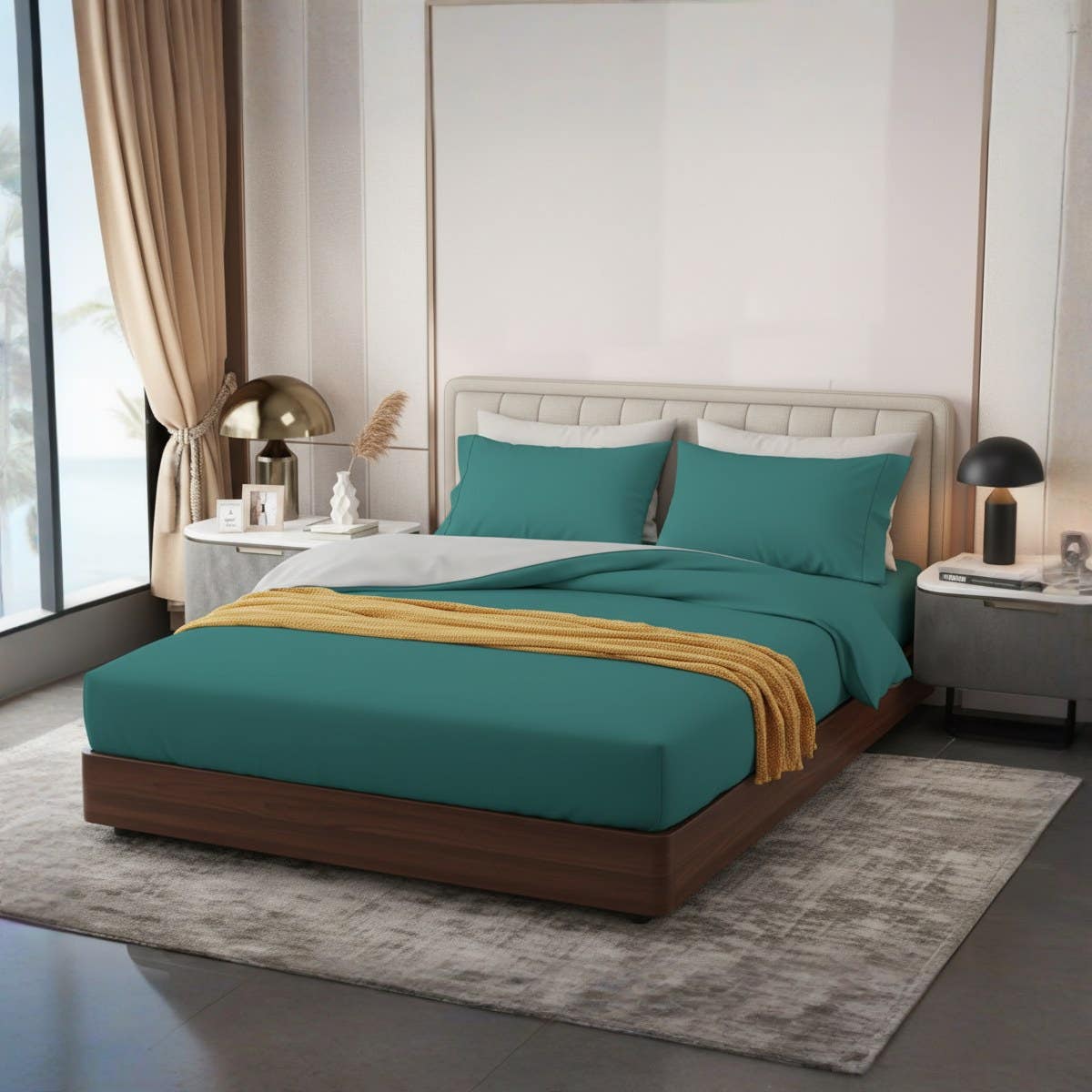 Luxury Green Cotton Fitted Bed Sheet Set with Pillowcases -  Size 100*200*30cm