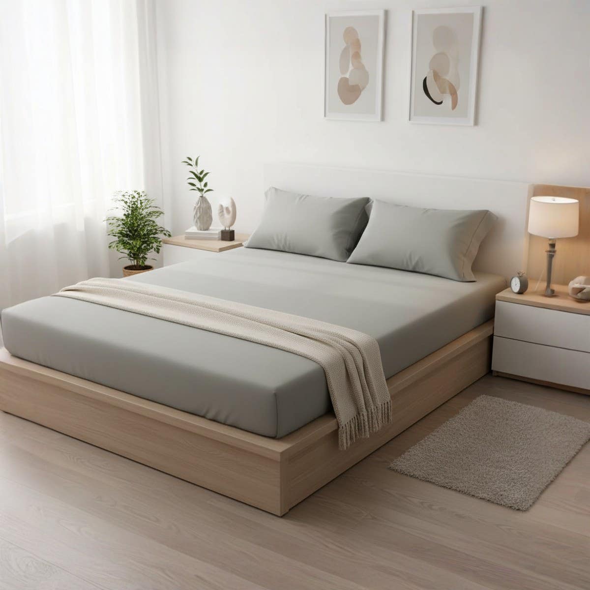 Premium Cotton Fitted Sheet - Gray 140x200cm - Soft & Durable - Easy Install