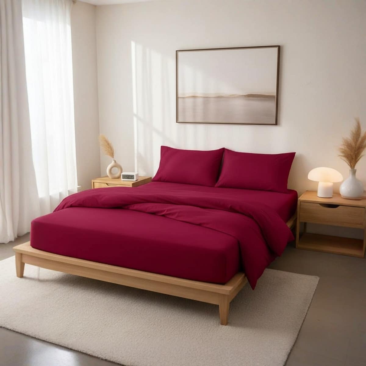 Luxurious Wine Cotton Bed Sheet Set with 2 Pillow Covers - 200x200cm