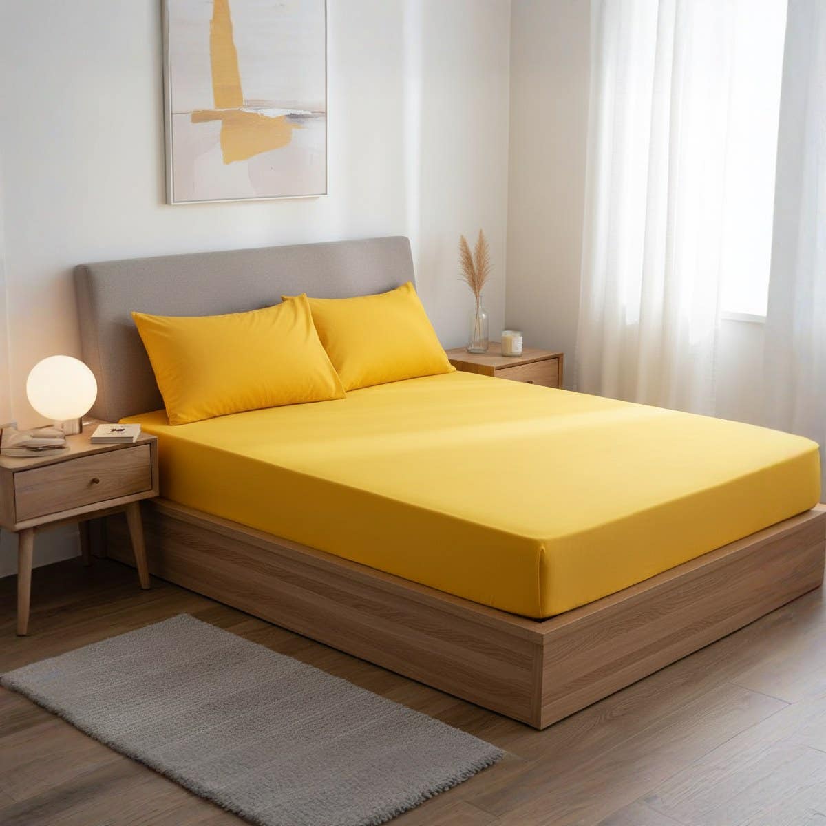 Luxury Yellow Cotton Fitted Bed Sheet Set with Pillowcases - 140cm Size*200*30cm