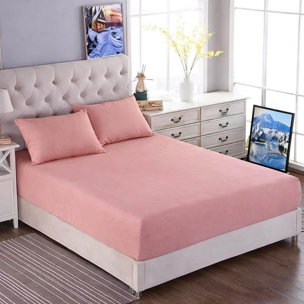 Luxury Cotton Fitted Sheet Set | Pink Onion Rose | 160x200cm | 3-Piece with Pillowcases