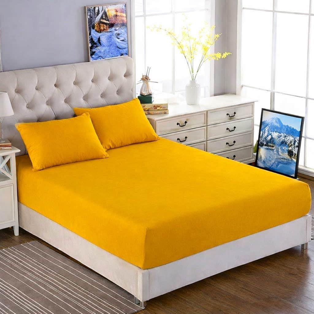 Luxury Cotton Fitted Bed Sheet Set - Yellow, 200cm Size, 30cm Depth