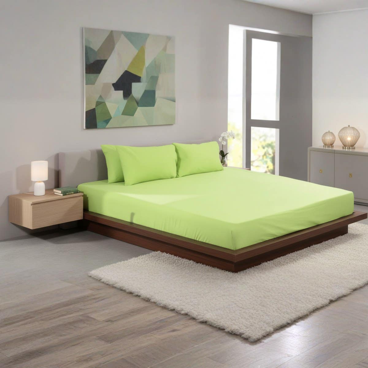 Luxurious Apple Green Cotton Bed Sheet Set - Size 100x200cm - Wrinkle-Resistant - 3-Piece Set