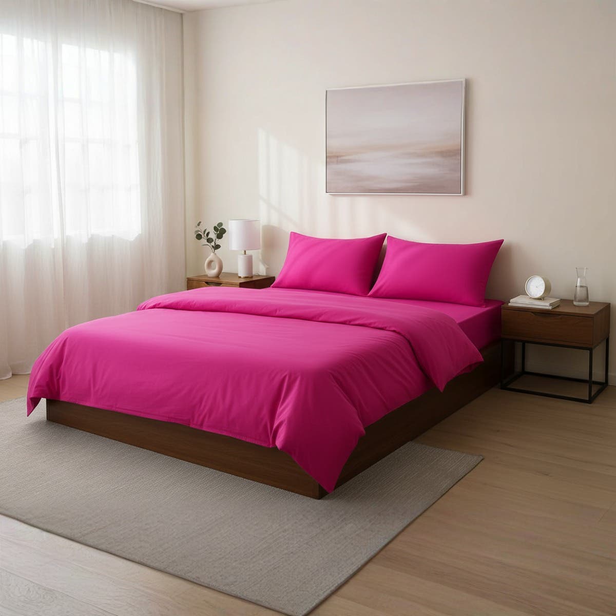 Luxury Bright Pink Cotton Bed falt Sheet Set - 200x200cm - Wrinkle-Resistant - 2 Pillow Cases