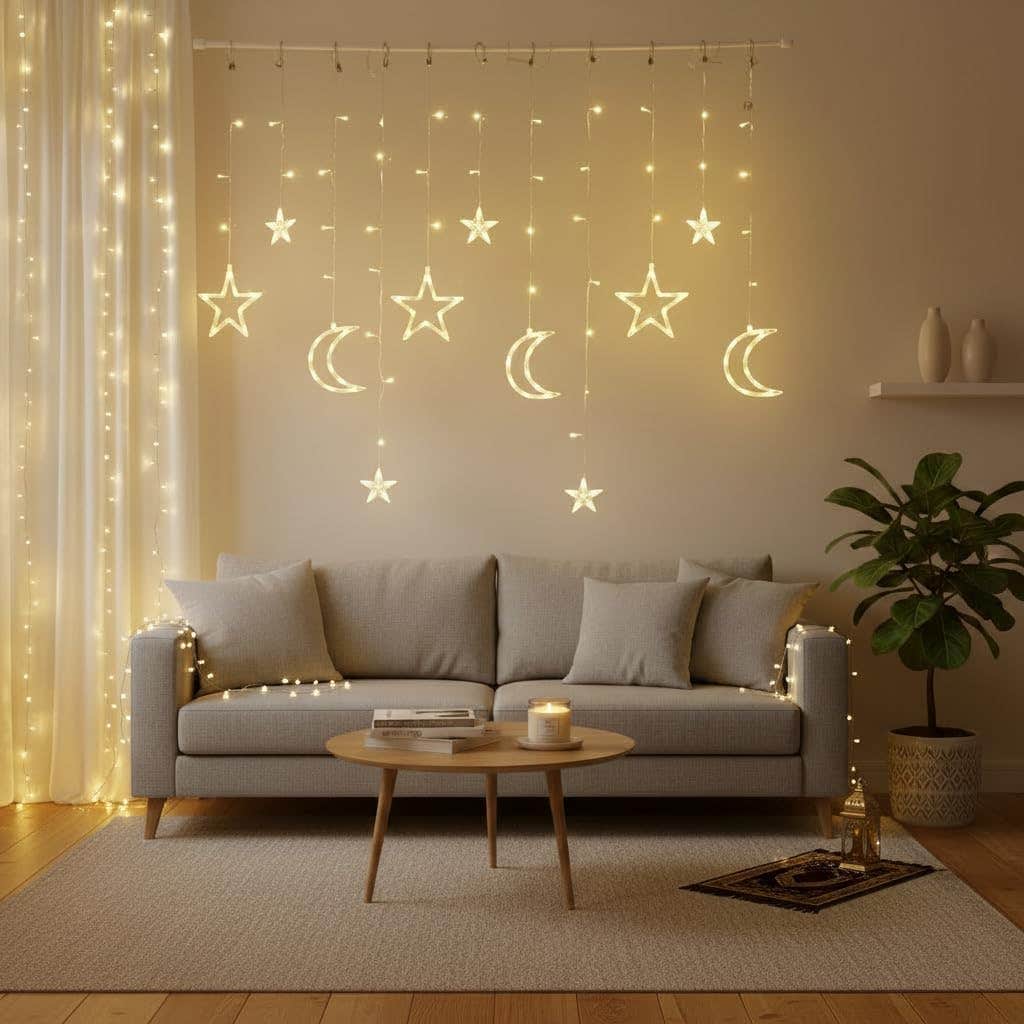 Ramadan Decorations Stars and Crescent Curtain – 3m Wide x 1m Length & Half – Yellow & Warm Ramadan Decoration for Home, Shops & Cafes – Events & Evening Decorations