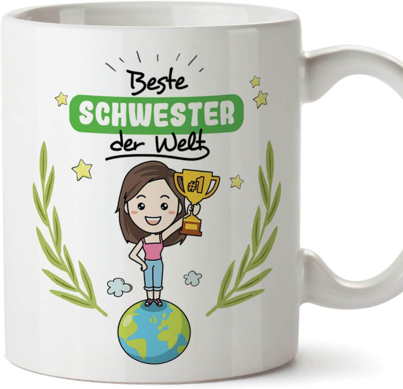 MUGFFINS Sister Mug - "Beste Schwester der Welt" - 350ml Ceramic - Multicolor - Dishwasher & Microwave Safe