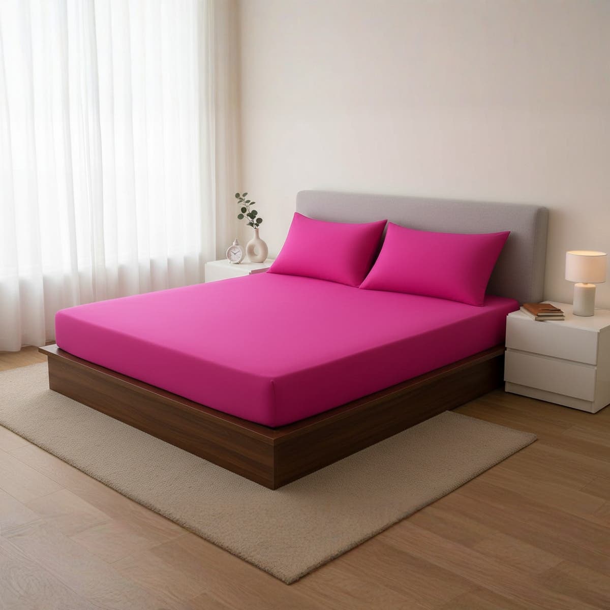 Luxury Bright Pink Cotton Bed Sheet Set - 120cm x 200cm - Wrinkle Resistant - 2 Pillow Cases