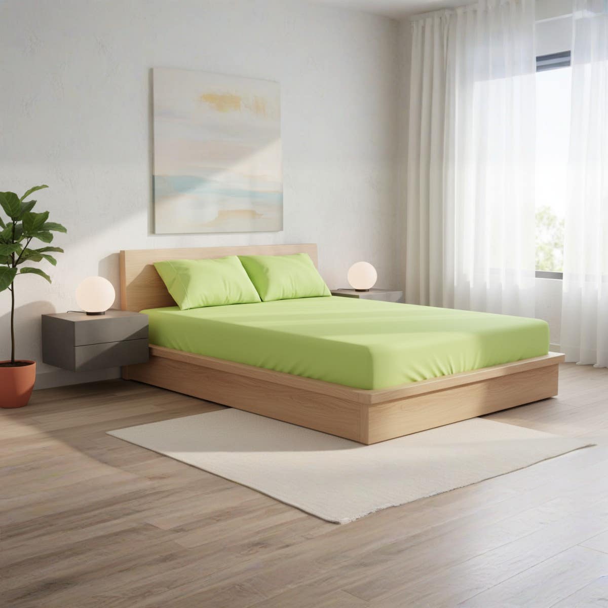 Luxury Apple Green Cotton Bed Sheet Set - 160x200cm - Wrinkle-Resistant - 3-Piece Set