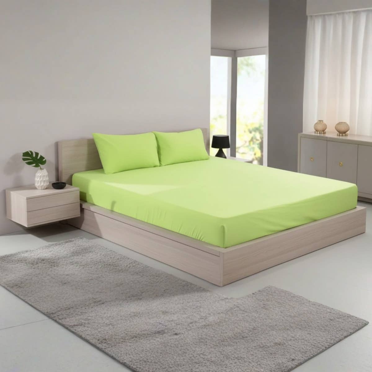 Luxurious Apple Green Cotton Bed Sheet Set - 180x200 cm - Wrinkle-Resistant - 2 Pillow Cases