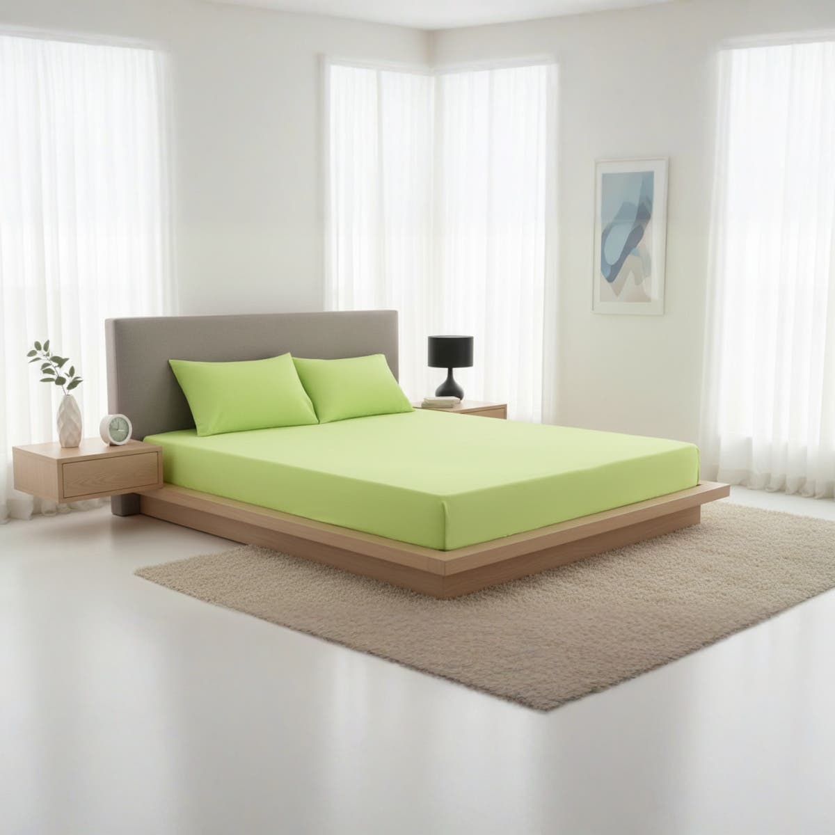 Luxury Apple Green Cotton Bed Sheet Set - Fitted Sheet + 2 Pillow Cases - Wrinkle-Resistant - Single Bed Size 140cm x 200cm x 30cm