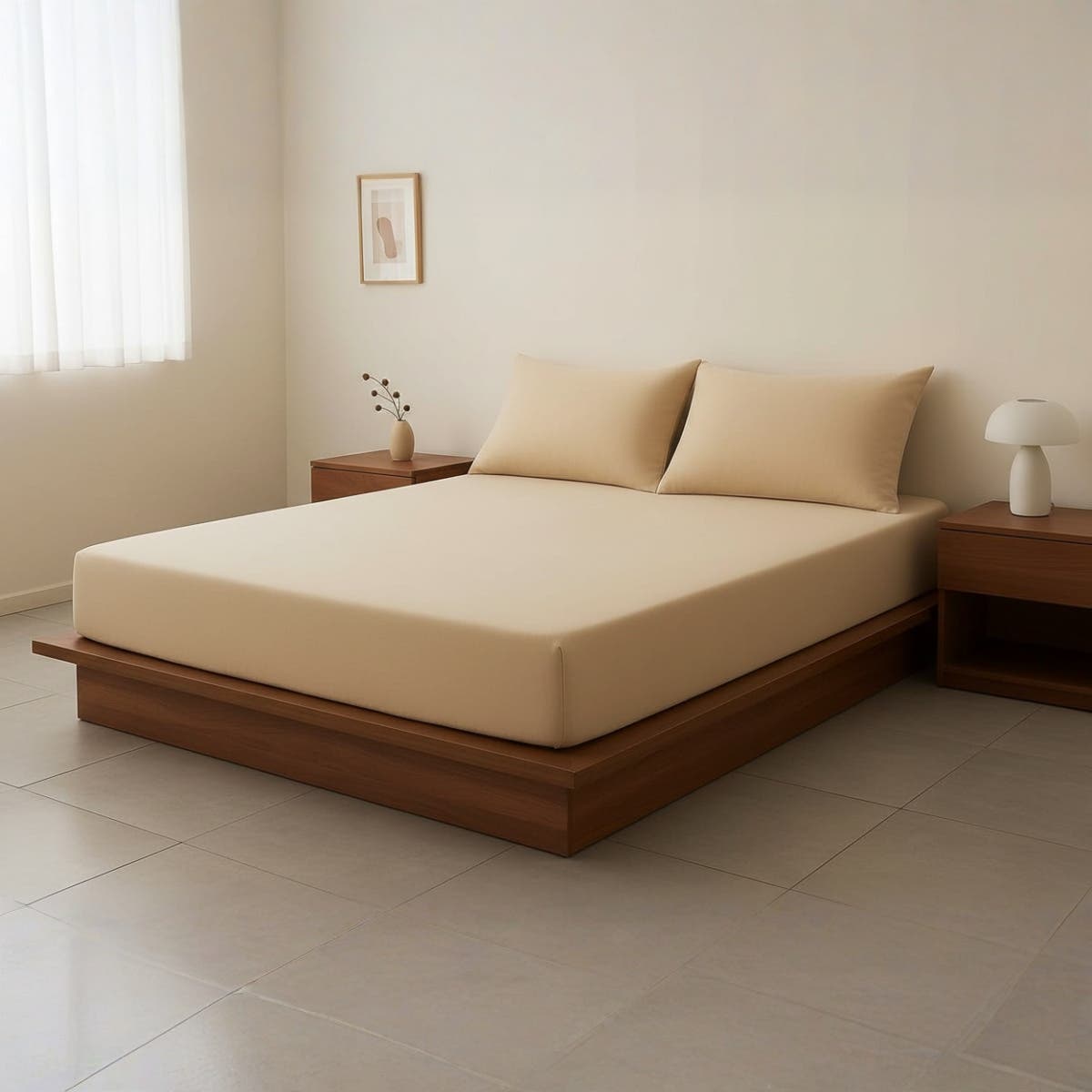 Luxury Beige Cotton Bed Sheet Set - 180x200cm - 2 Pillow Cases