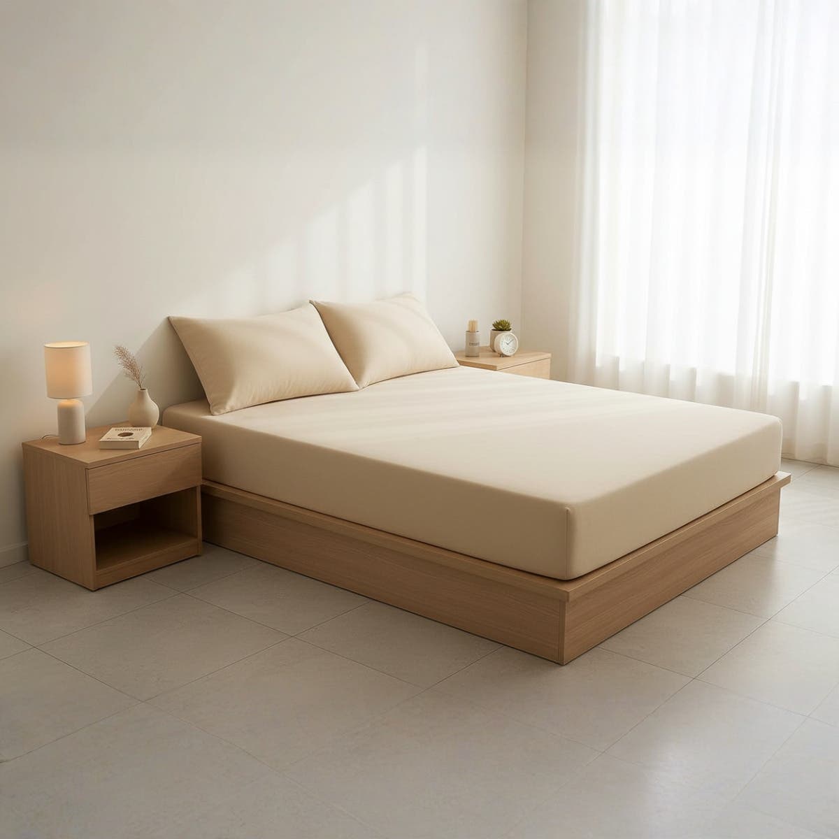 Luxurious Beige Cotton Bed Sheet Set - 120x200cm - Elastic Fitted Sheet & 2 Pillow Cases