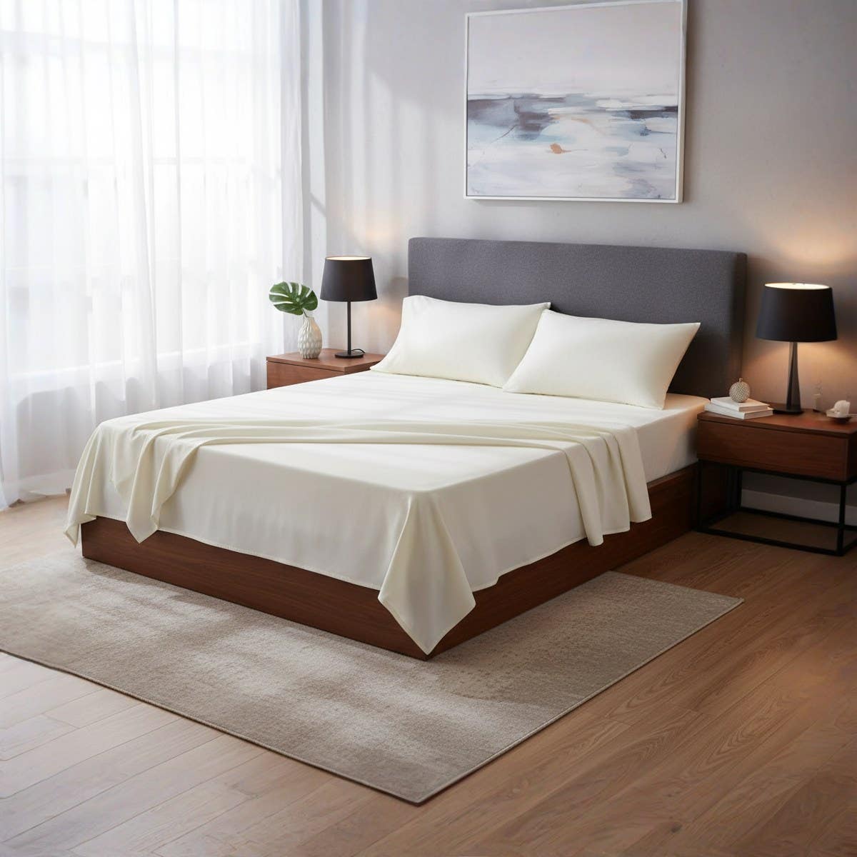 Luxury White flat  Bed Sheet Set size (160x200x30 cm)- , 3-Piece (1 Sheet + 2 Pillowcases), Wrinkle-Resistant
