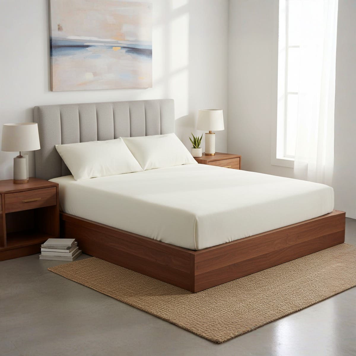 Luxury White Fitted Bed Sheet Set - Soft Breathable Fabric - Wrinkle-Free -  Size (200x200x30 cm