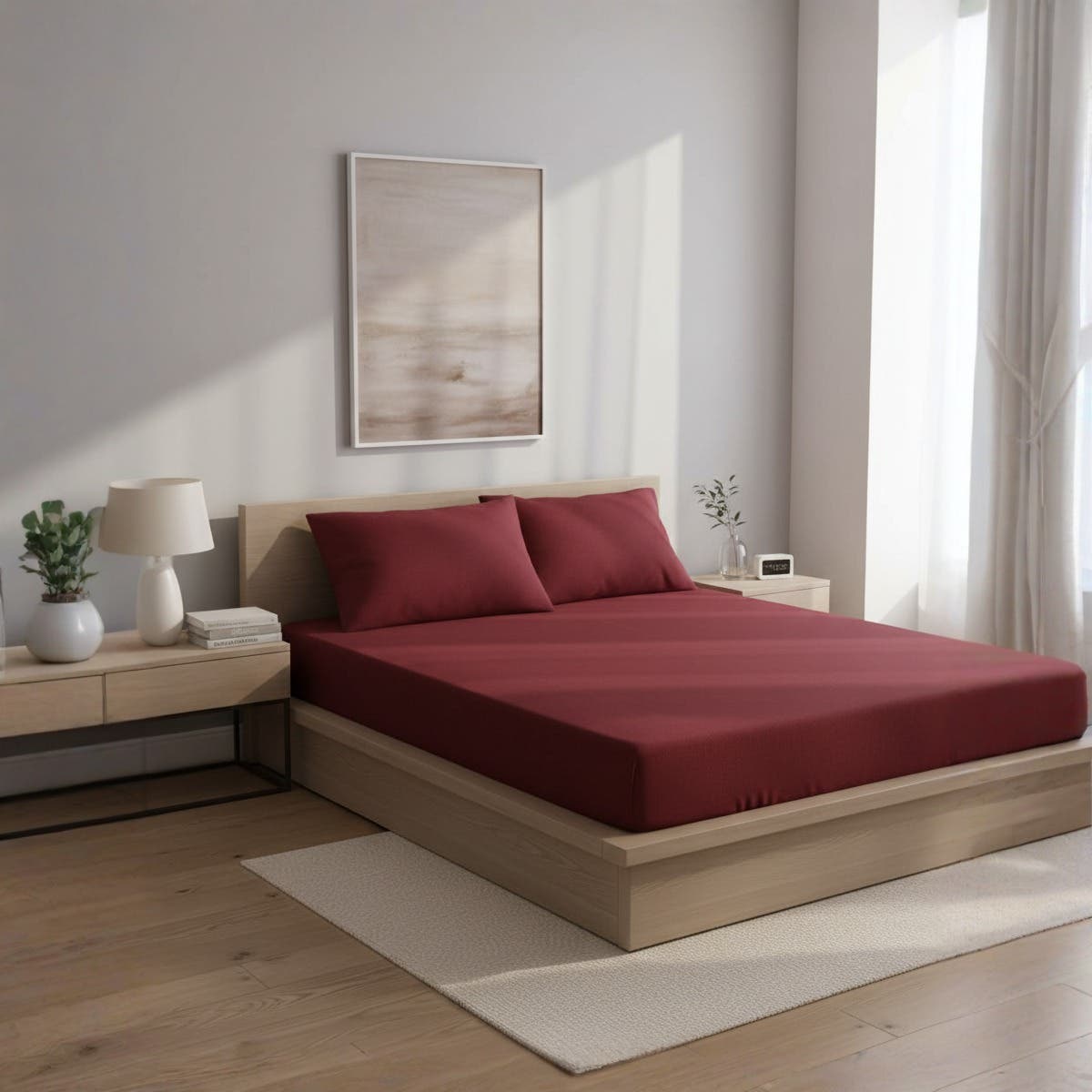 Luxury Burgundy 3-Piece Fitted Sheet Set with Pillowcases -  Wrinkle-Free -  Size 150x200x30 cm