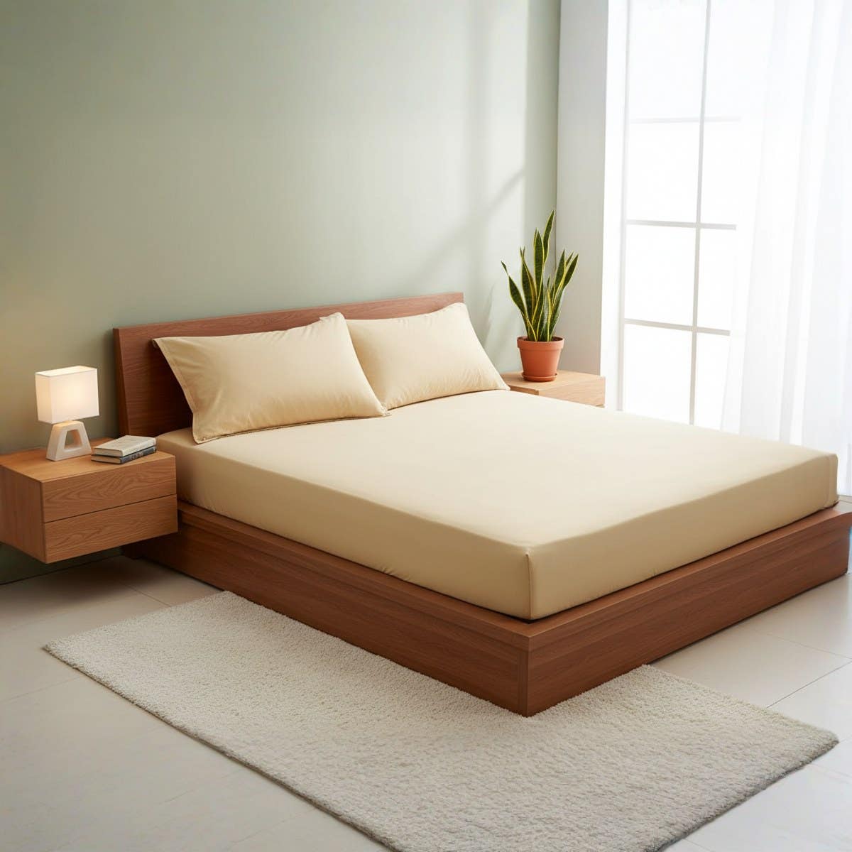 Luxurious Camel Beige Microfiber Fitted Sheet Set - Queen Size, Wrinkle-Resistant Bedding