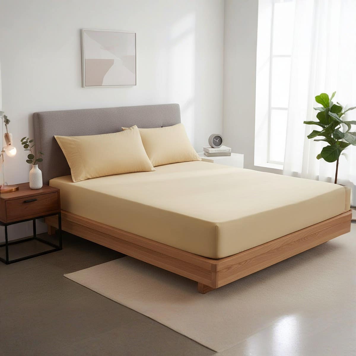 Premium Cotton Fitted Sheet Set, Beige, Modern Minimalist Bedding, 100x200x30cm, Queen Size