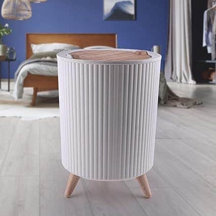 Modern Wooden Leg Trash Can with Sliding Lid, 8L Capacity - White
