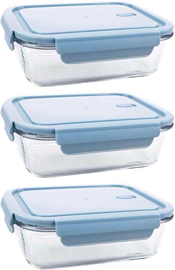 Glass Food Containers Set of 3 - Thermal Rectangular Pyrex Pans with Plastic Lids - Leakproof & Airtight - 410ml, 700ml, 1040ml