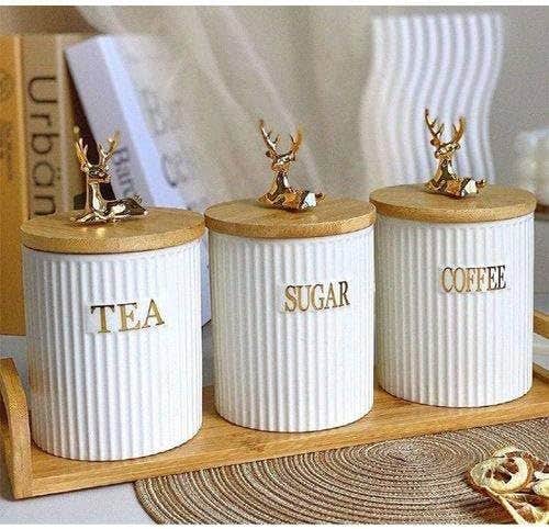 Porcelain Coffee Tea Sugar Canisters Set with Wood Stand - 3 Piece