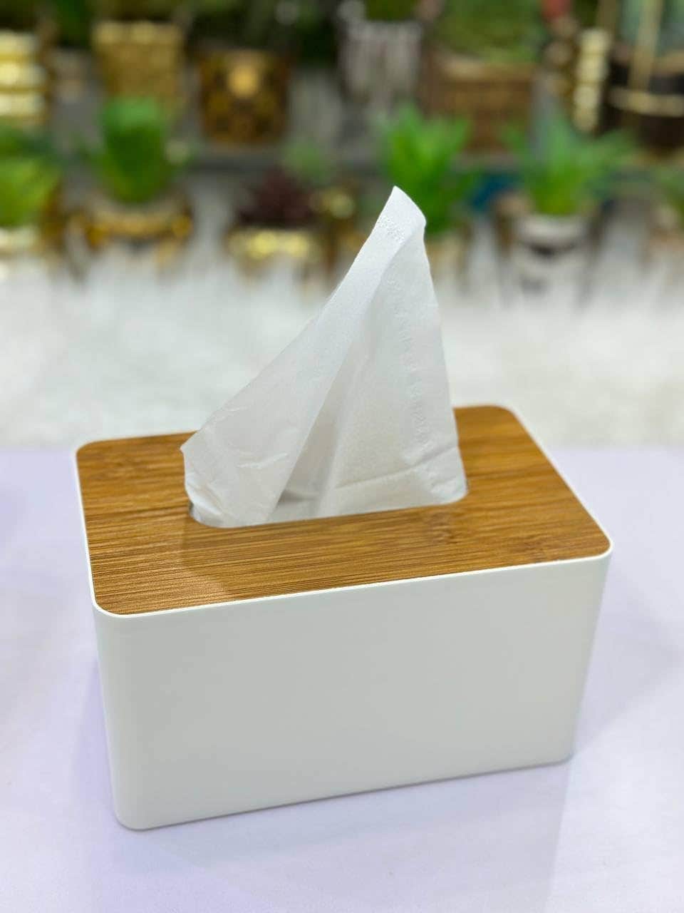 Natural Bamboo Tissue Box Cover for Bathroom and Office - White