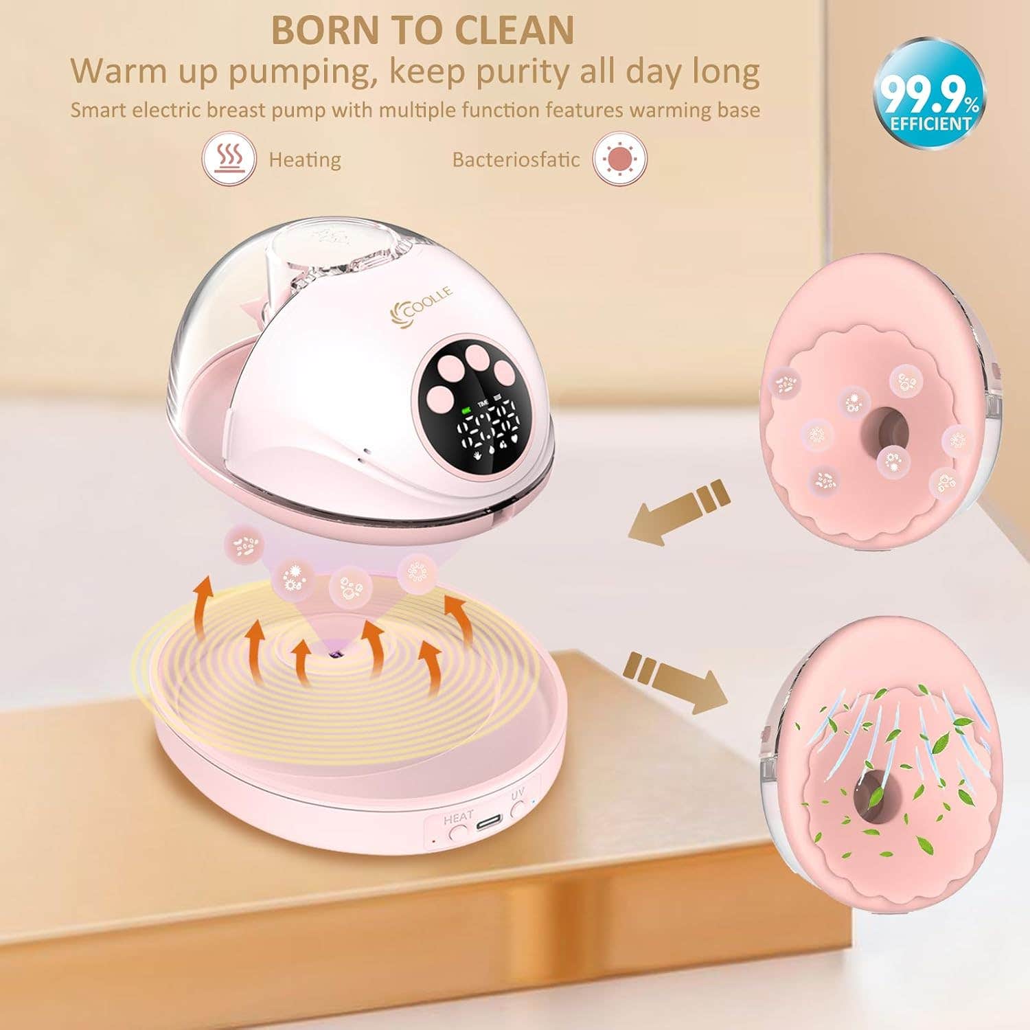 Electric Breast Pump Hands Free Wearable Portable Breastfeeding Pumps Wireless Hospital Grade Quiet Anti-Leaking with Voice Broadcast Heating 4 Mode 12 Levels Suction Double 24mm Pink, MY-382