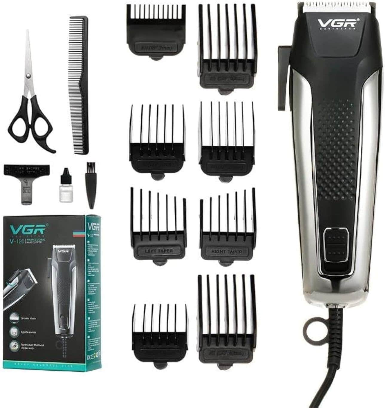 VGR V-120 Professional Hair Clipper with Self Sharpening Blades, 8 Guide Combs, Scissors, Comb, Taper Lever Adjustments for close cut trimming for men, Corded (Black)