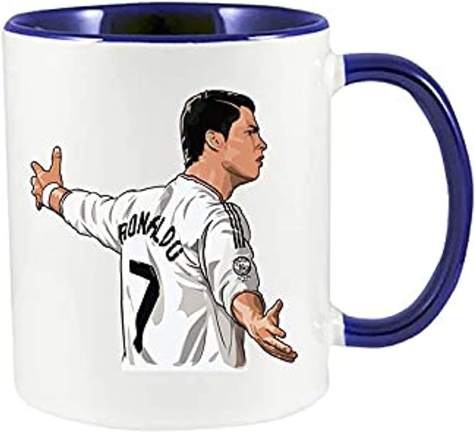 MEC Cristiano Ronaldo Coffee Mug with Dark Blue Handle 11oz CR7 Tea Cup Gift For Him