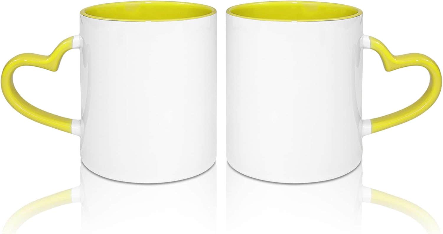 MR.R 11oz Yellow Heart Handle Porcelain Coffee Mugs - Set of 2