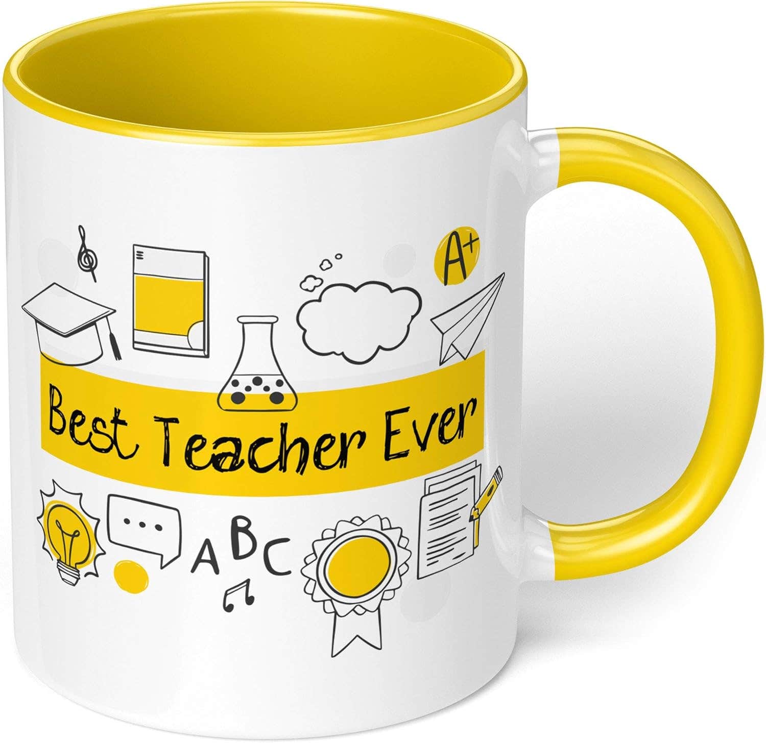 "Best Teacher Ever Ceramic Mug - 11 Oz Yellow Handle - Microwave Safe"