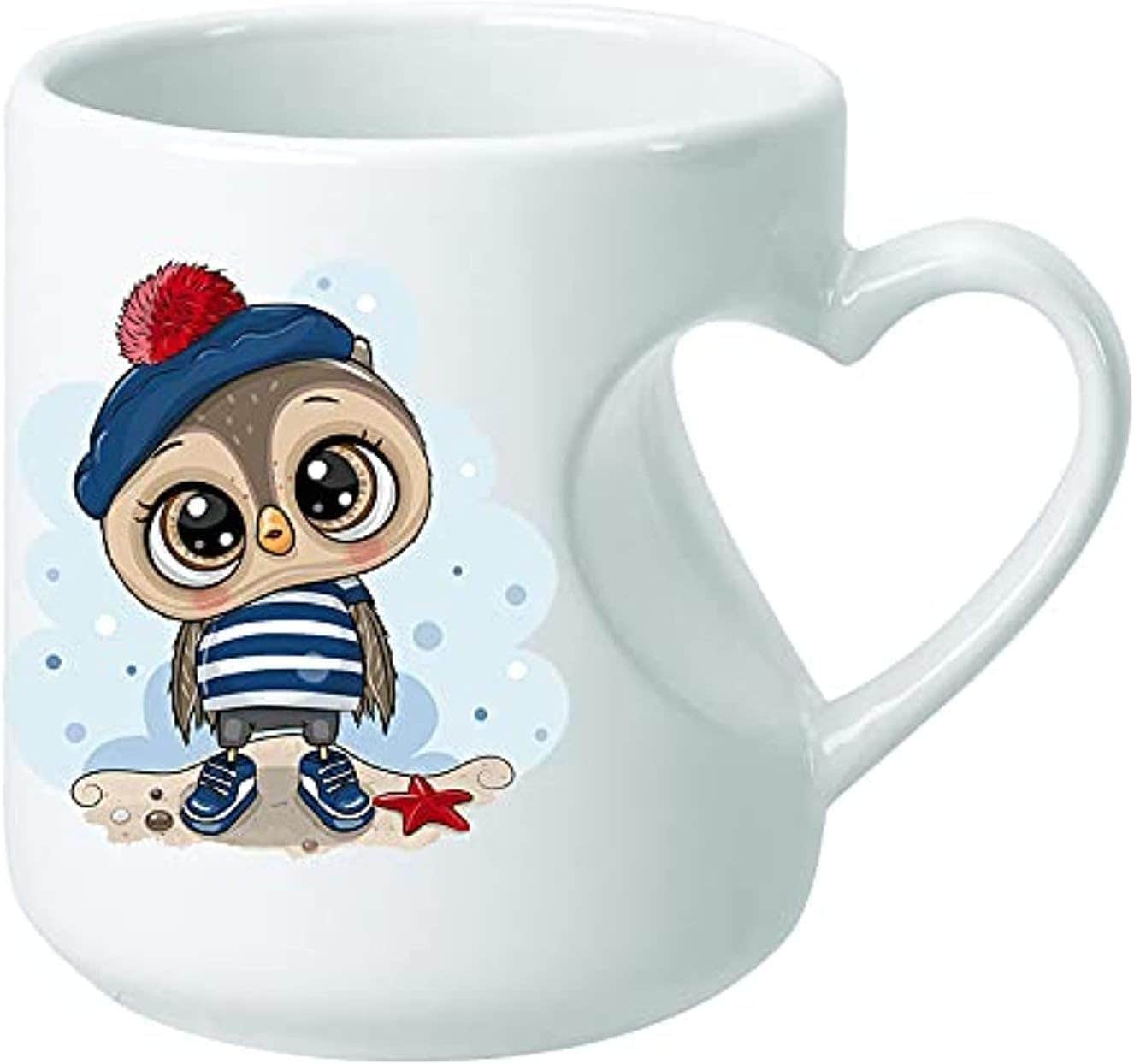 Cute Owl Design Ceramic White Mug - 300ml Heart Handle - Silver