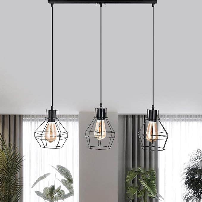 Modern Black Metal Geometric Pendant Light, 3-Light Cage Design - Edison Bulb Compatible