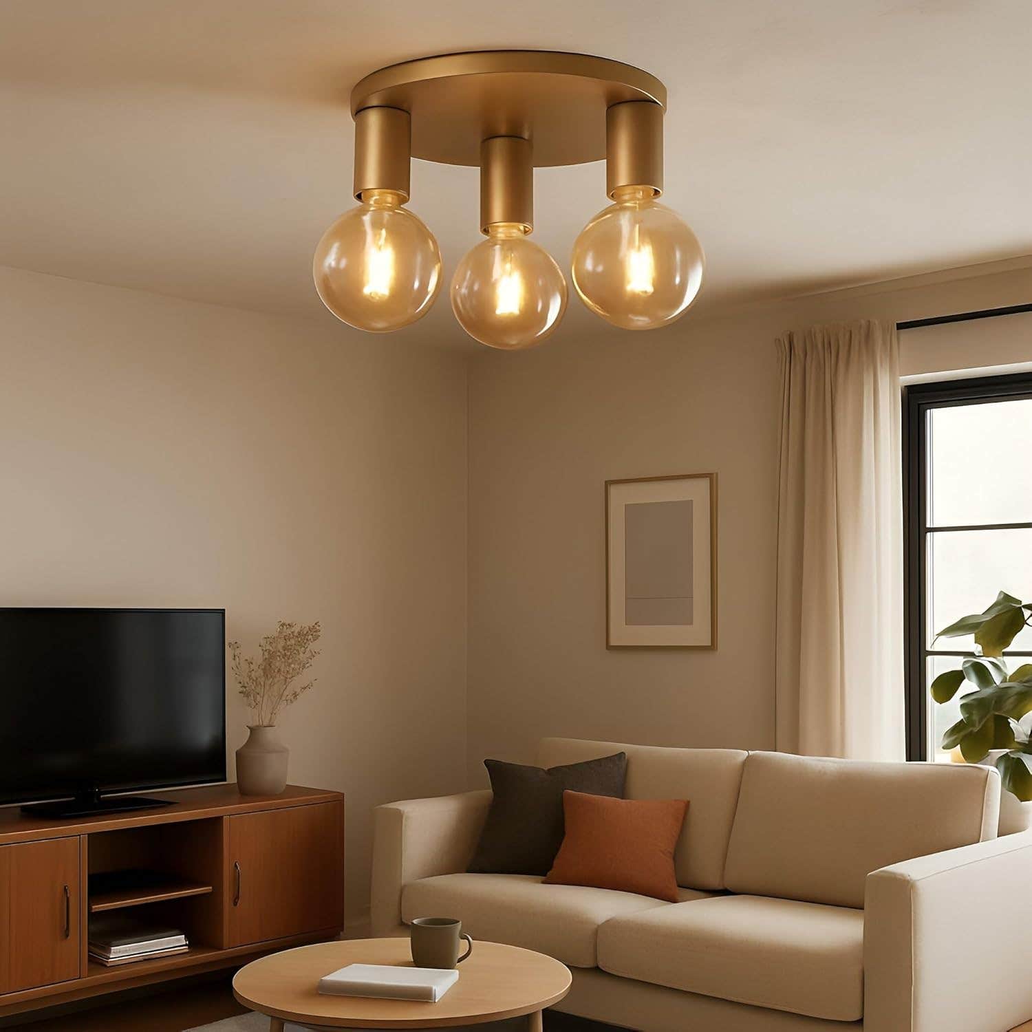 Modern Gold Ceiling Light Fixture with 3 Glass Globes - Semi-Flush Mount