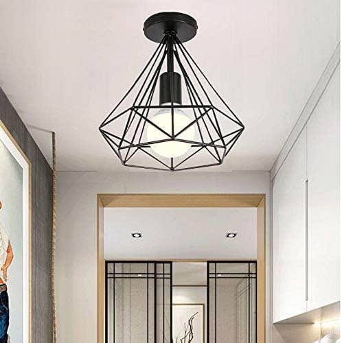Vintage Industrial Diamond Cage Black Metal Ceiling Pendant Light - 25 cm